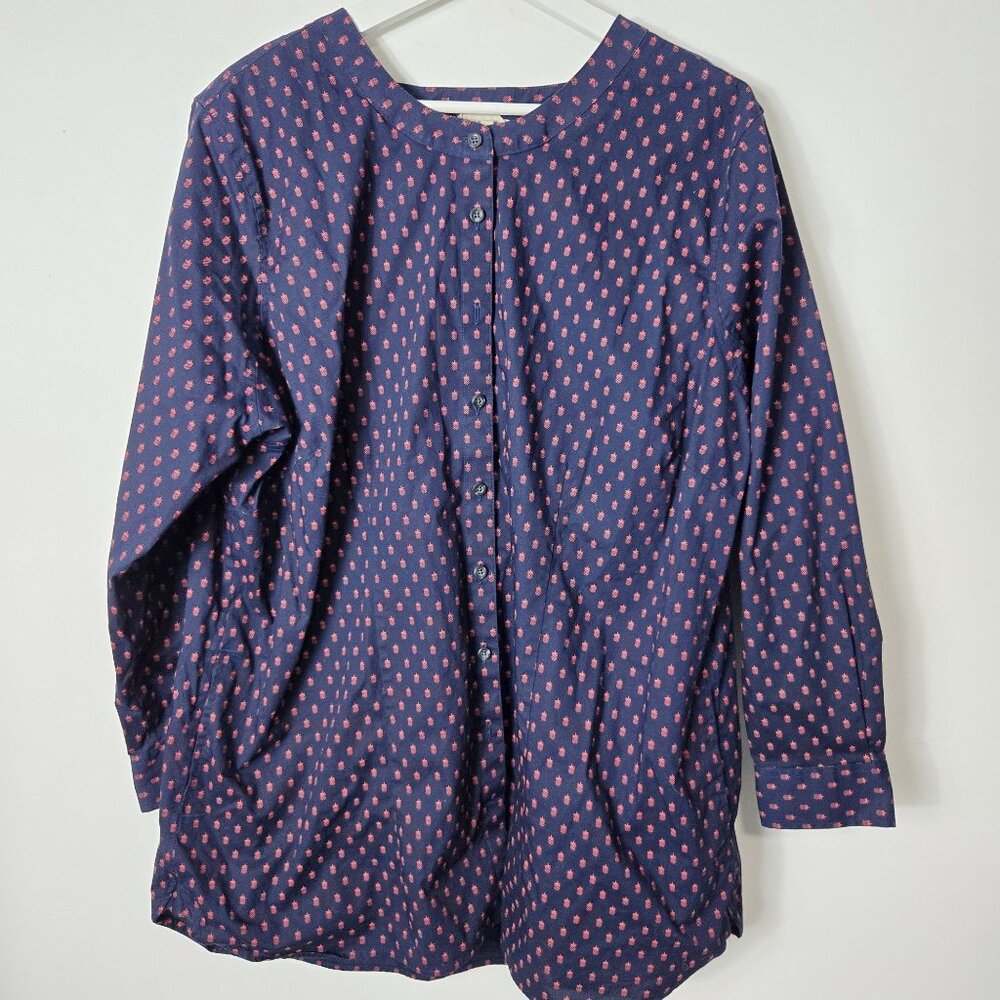 Duluth Trading Co Size 1X Wrinklefighter Button Up Shirt Navy Pineapple Print